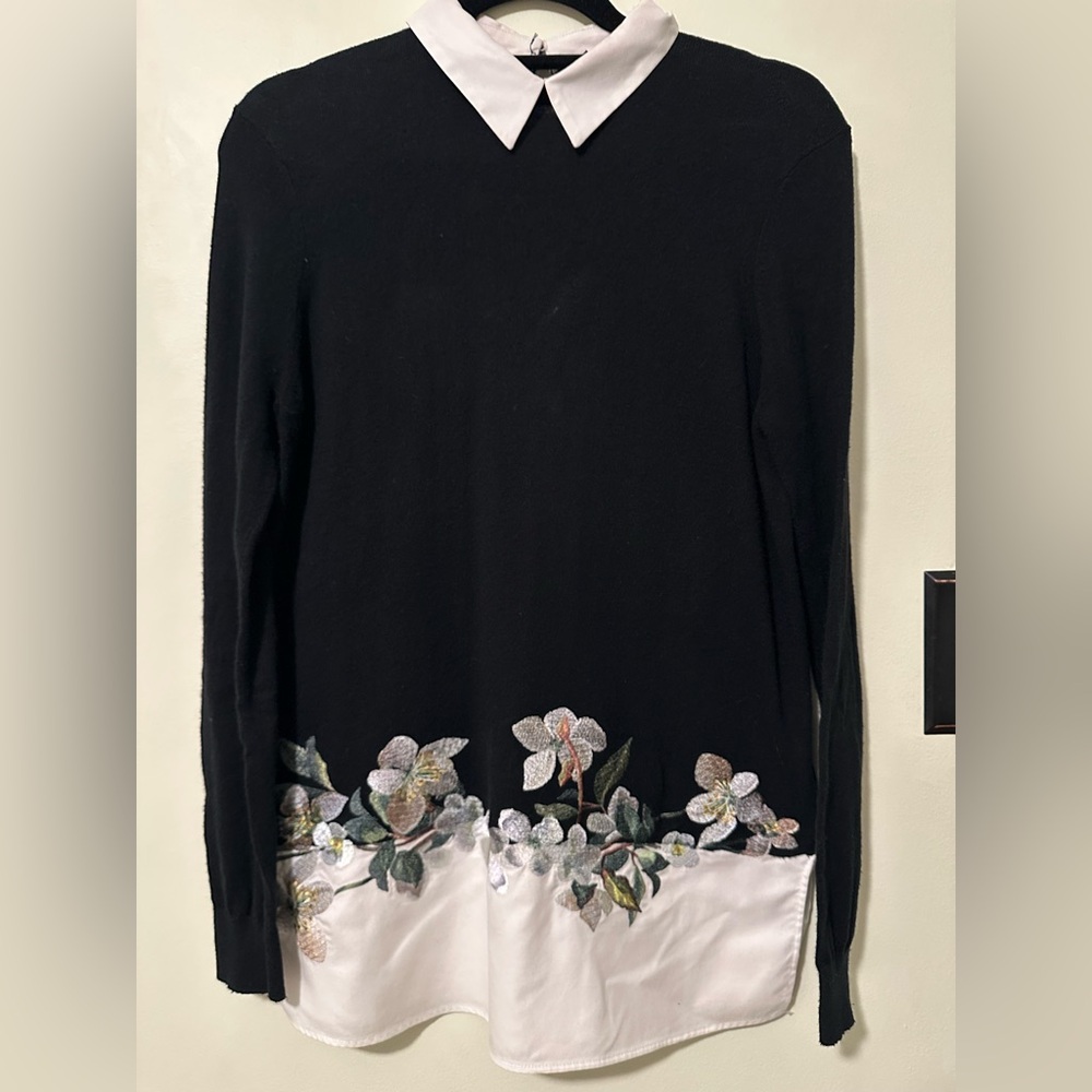 Ted Baker London Black Sweater with White Collar and Floral Hem
